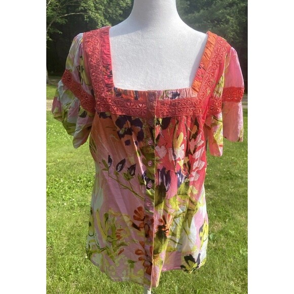 Womens Harve Bernard Sz XL Colorful Ruffle Short-Sleeve Cottagecore - Picture 2 of 16